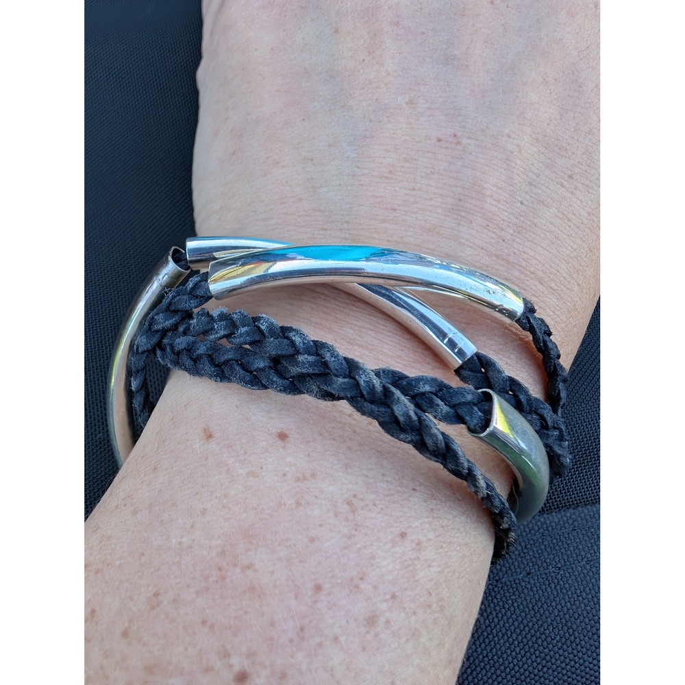 Lizzy James Minimalist Braided Leather Wrap Bracelet Choker Silver Black M